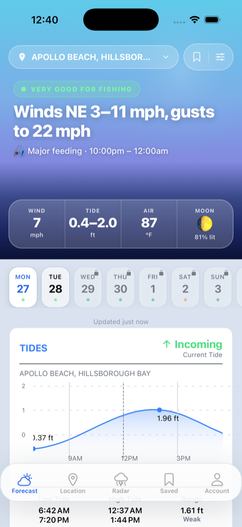 My Marine Forecast iOS app showing wind, tide, and fish feeding forecast